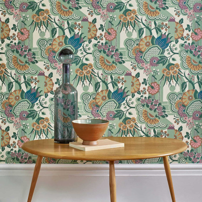 Pineapple Garden Sage Green V&A Decorative Papers II Wallpaper by 1838 Wallcoverings