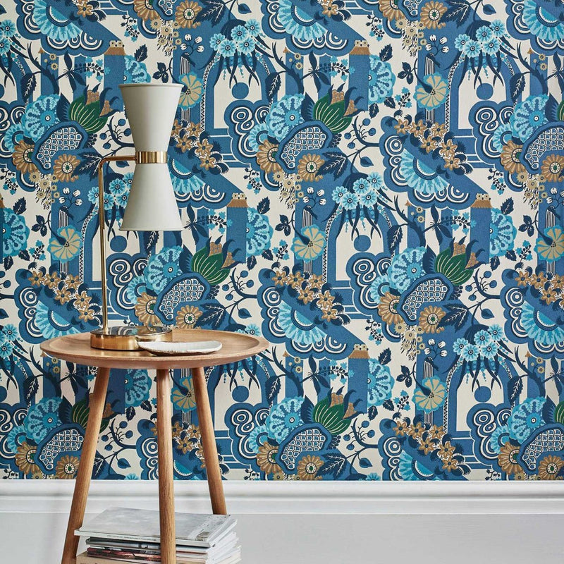 Pineapple Garden Cobalt Blue V&A Decorative Papers II Wallpaper by 1838 Wallcoverings
