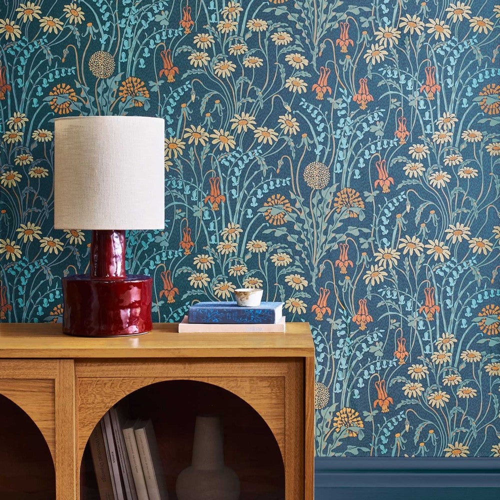 Flower Meadow Prussian Blue V&A Decorative Papers II Wallpaper by 1838 Wallcoverings