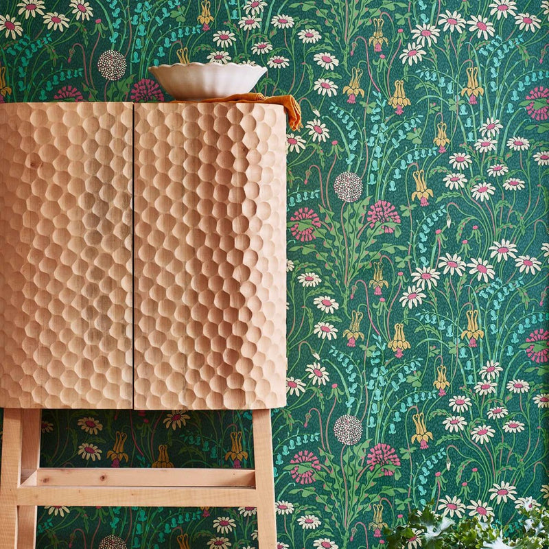 Flower Meadow Forest Green V&A Decorative Papers II Wallpaper by 1838 Wallcoverings