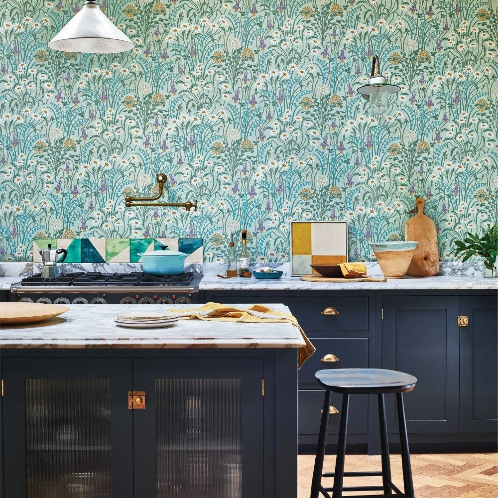 Flower Meadow Celeste Turquoise V&A Decorative Papers II Wallpaper by 1838 Wallcoverings