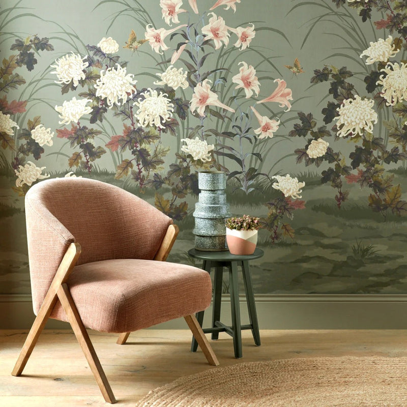Wisteria Bloom Dark Sage V&A Decorative Papers III Mural by 1838 Wallcoverings