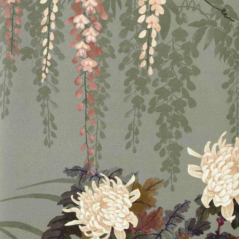 Wisteria Bloom Dark Sage V&A Decorative Papers III Mural by 1838 Wallcoverings