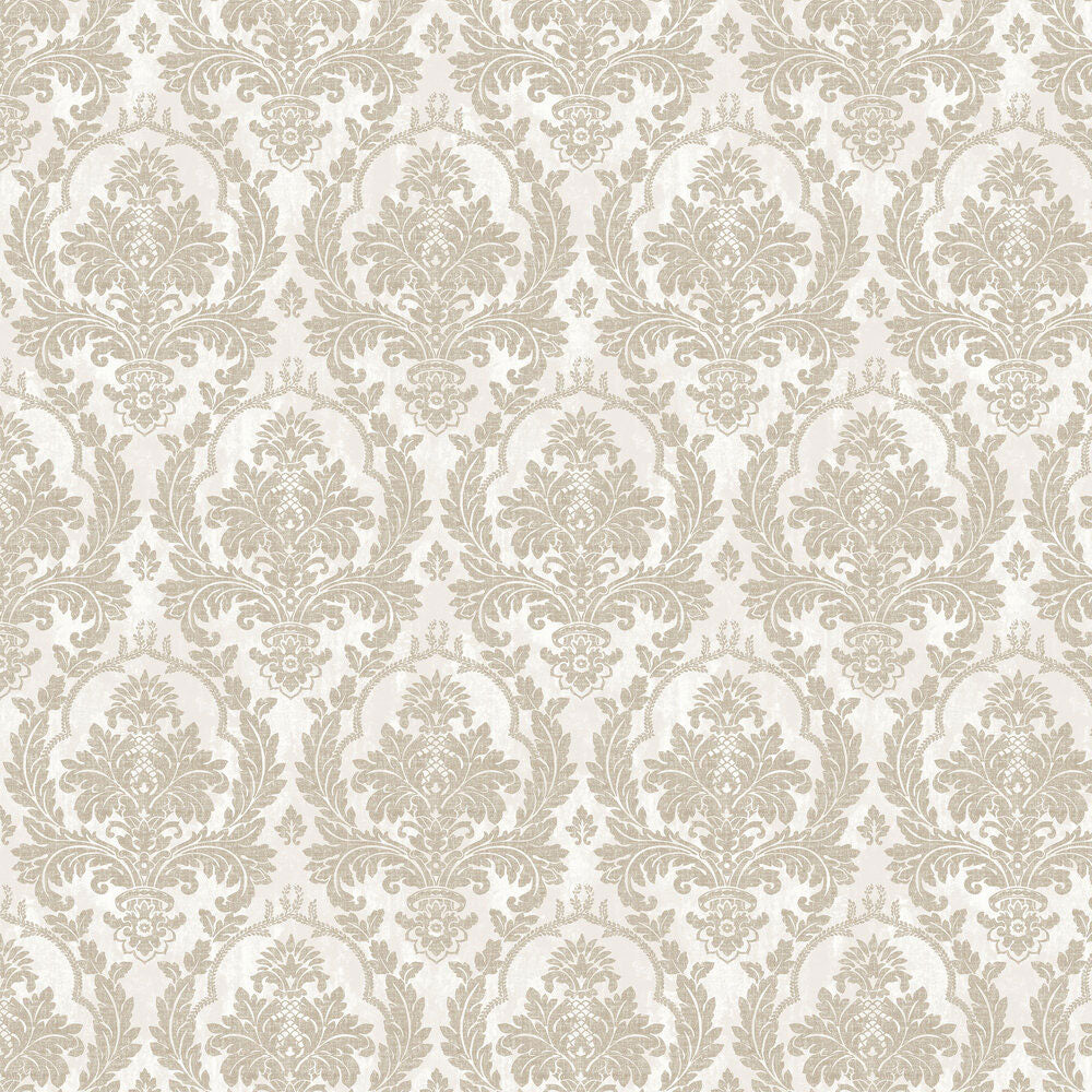 25712 Damasco Platino Cottage Chic Cream and Brown Wallpaper By Galerie