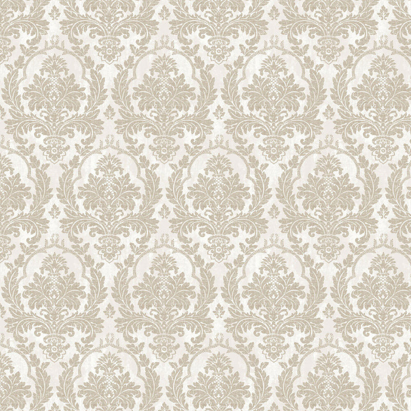 25712 Damasco Platino Cottage Chic Cream and Brown Wallpaper By Galerie