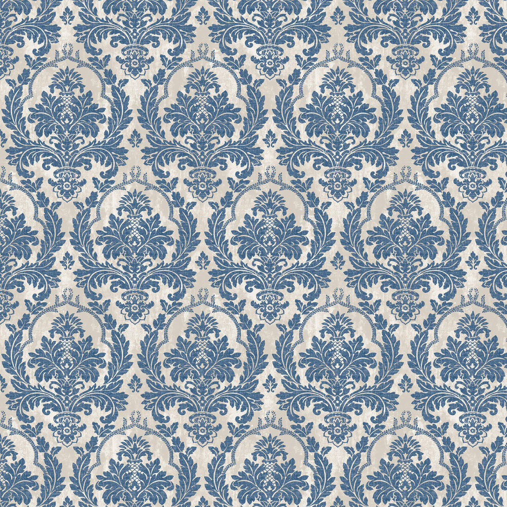 25716 Damasco Platino Cottage Chic Blue and Silver Wallpaper By Galerie