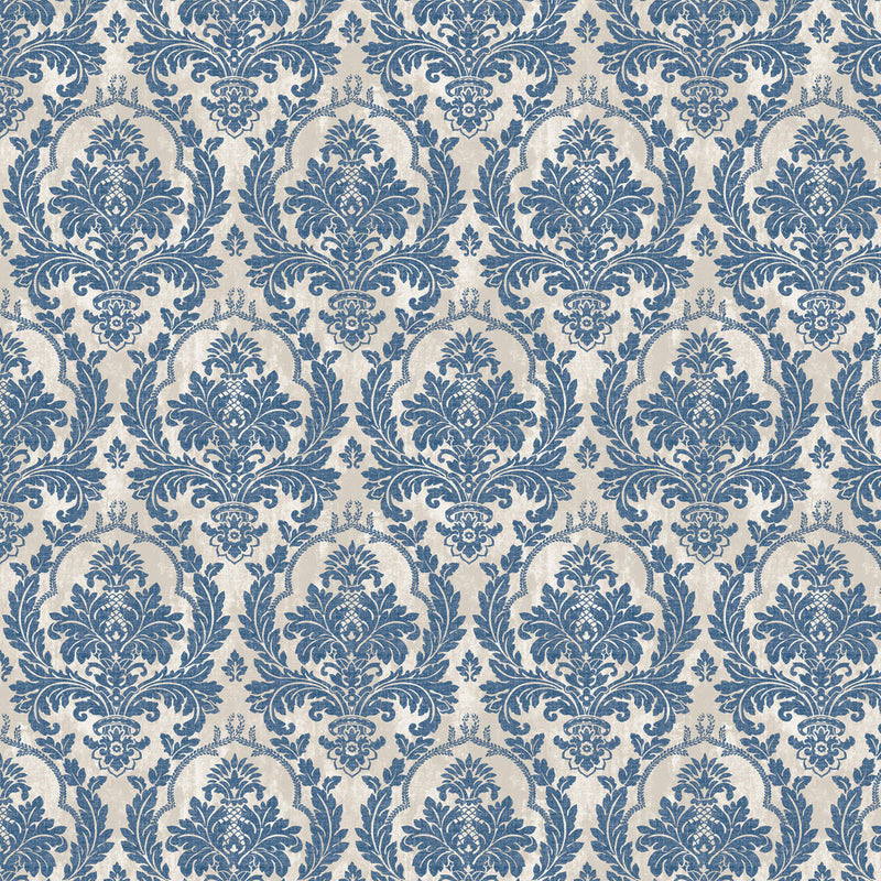 25716 Damasco Platino Cottage Chic Blue and Silver Wallpaper By Galerie