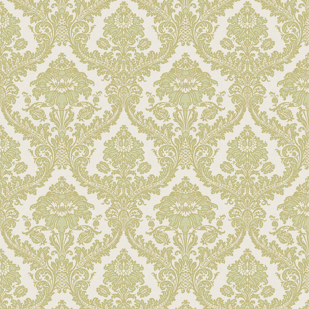 25735 Damasco Superior Cottage Chic Green and Gold Wallpaper By Galerie