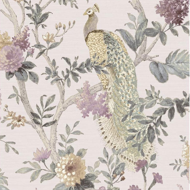 25751 Pavone Platino Cottage Chic Grey and Pink Wallpaper By Galerie