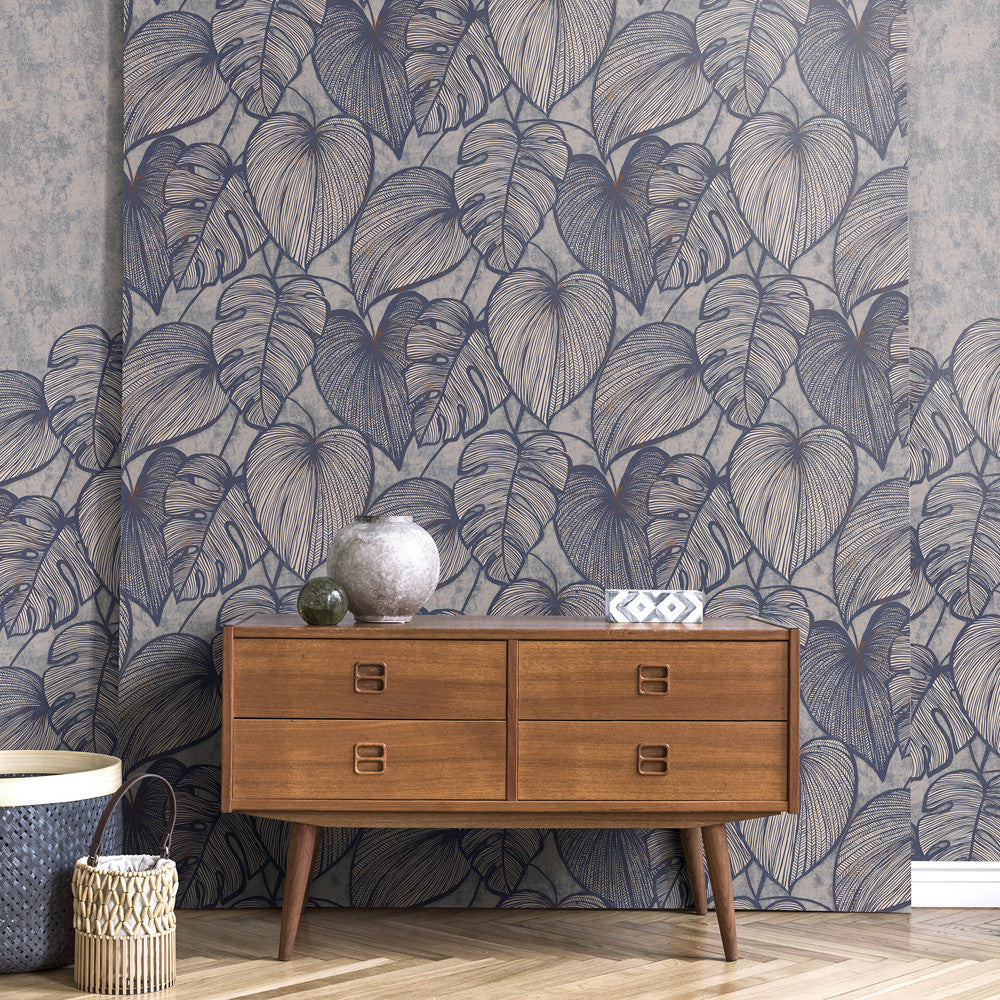 26942 Monstera Navy Ash Julie Feels Home Wallpaper By Hohenberger