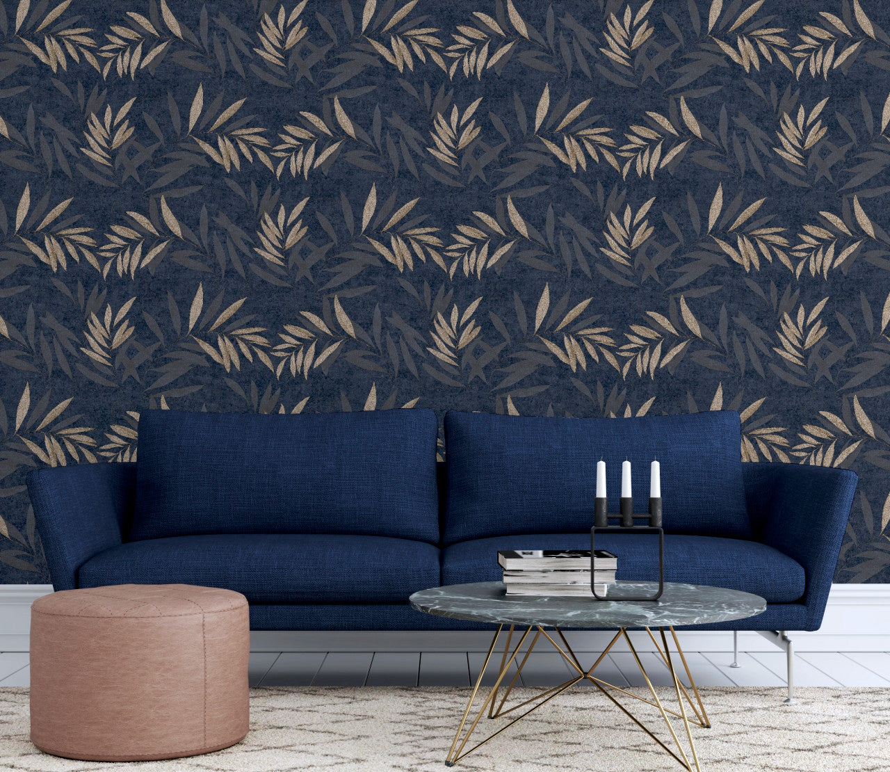 299301 Luxury Leaf Navy Champagne Wallpaper By Arthouse
