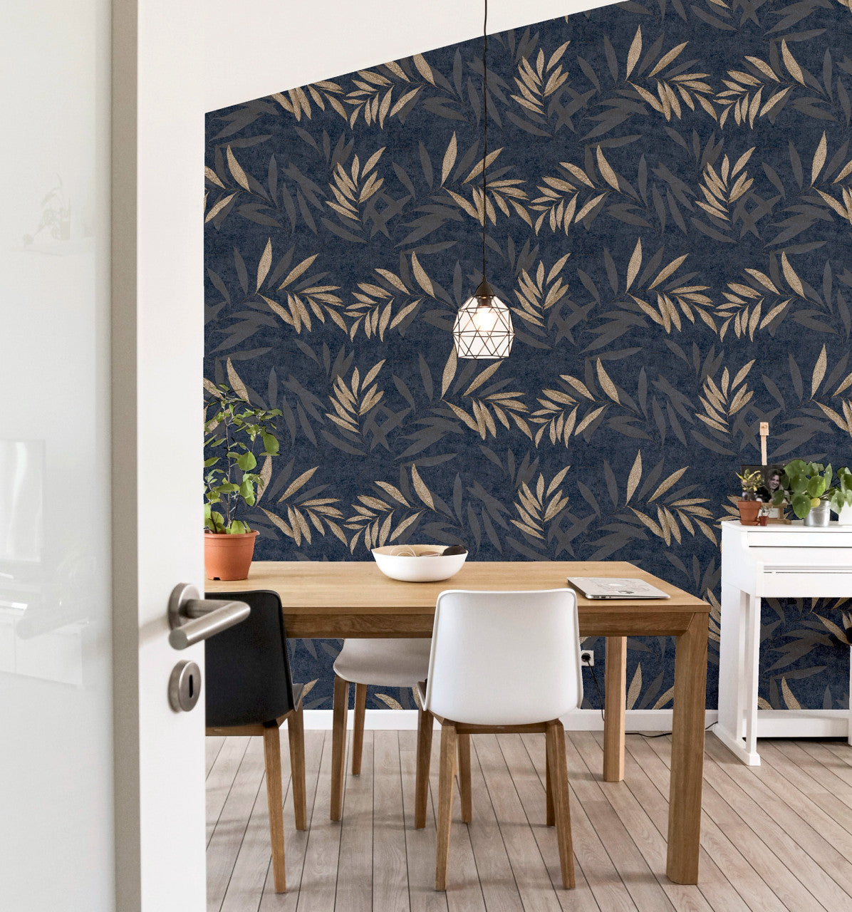 299301 Luxury Leaf Navy Champagne Wallpaper By Arthouse