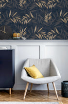 299301 Luxury Leaf Navy Champagne Wallpaper By Arthouse