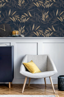 299301 Luxury Leaf Navy Champagne Wallpaper By Arthouse