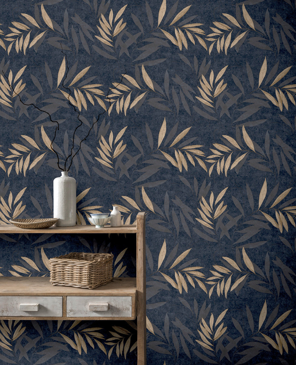 299301 Luxury Leaf Navy Champagne Wallpaper By Arthouse