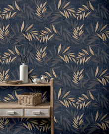 299301 Luxury Leaf Navy Champagne Wallpaper By Arthouse