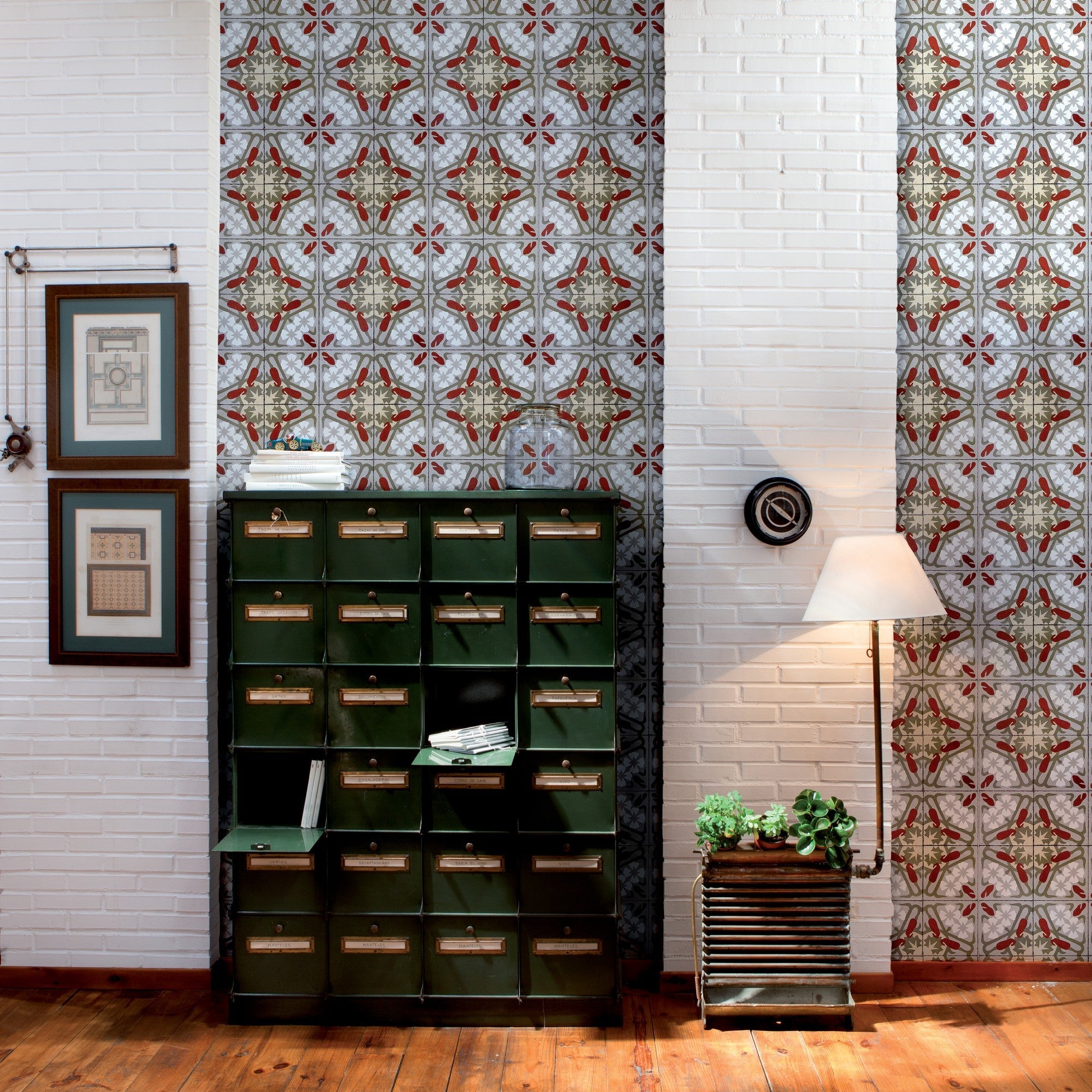 3000011 Art Decó Red/wine/white/grey Tiles Wallpaper by Coordonné