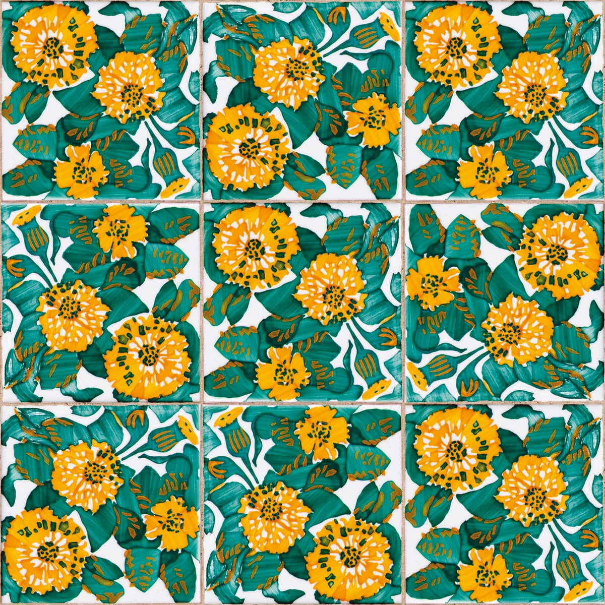 Daisy Green/yellow/orange Tiles Wallpaper by Coordonné