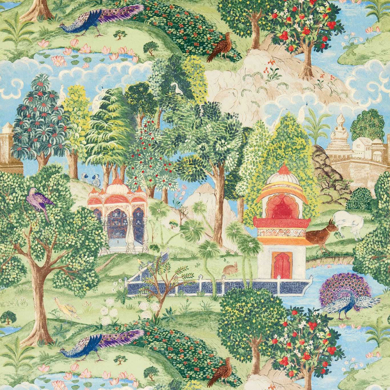 321686 Peacock Garden Indienne Green/Coral Fabric by Zoffany