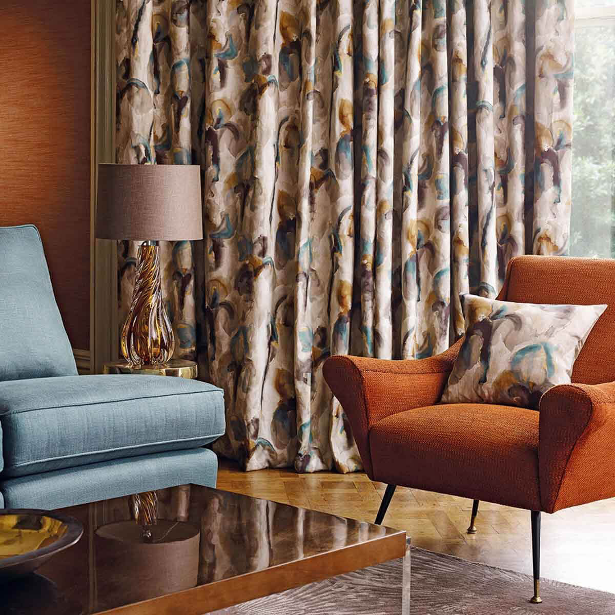322433 Water Iris Kensington Walk Peacock/Copper Fabric by Zoffany