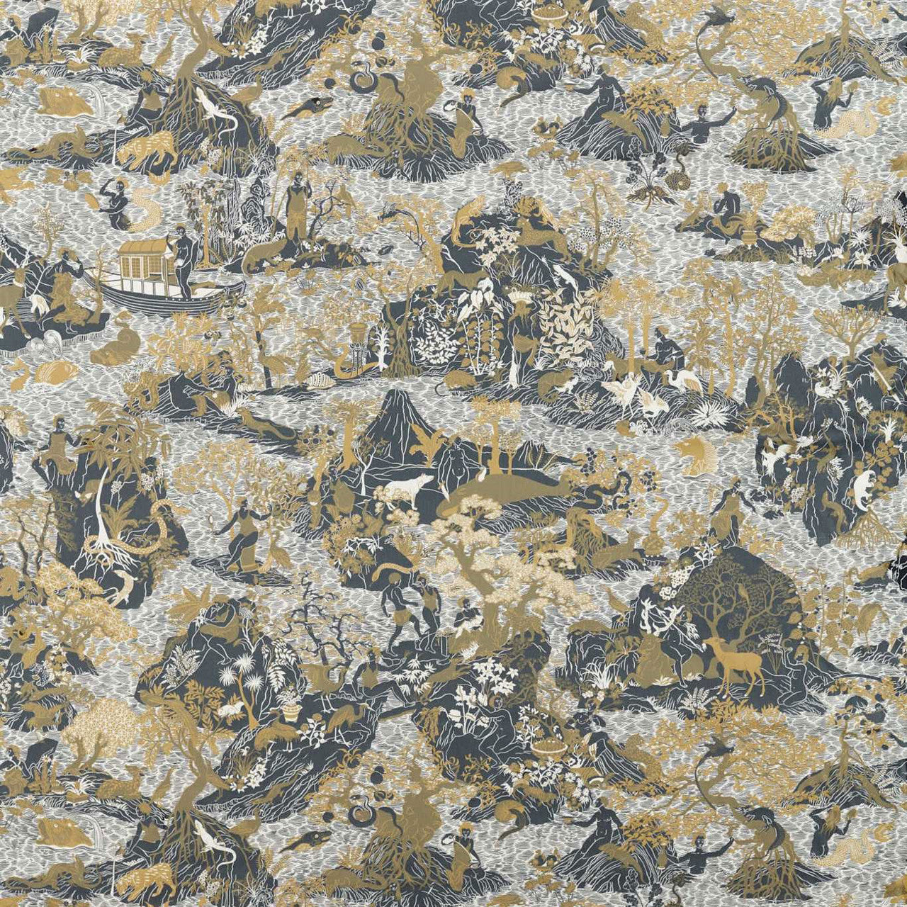 322745 Avalonis Cotswolds Manor Black Gold Fabric by Zoffany