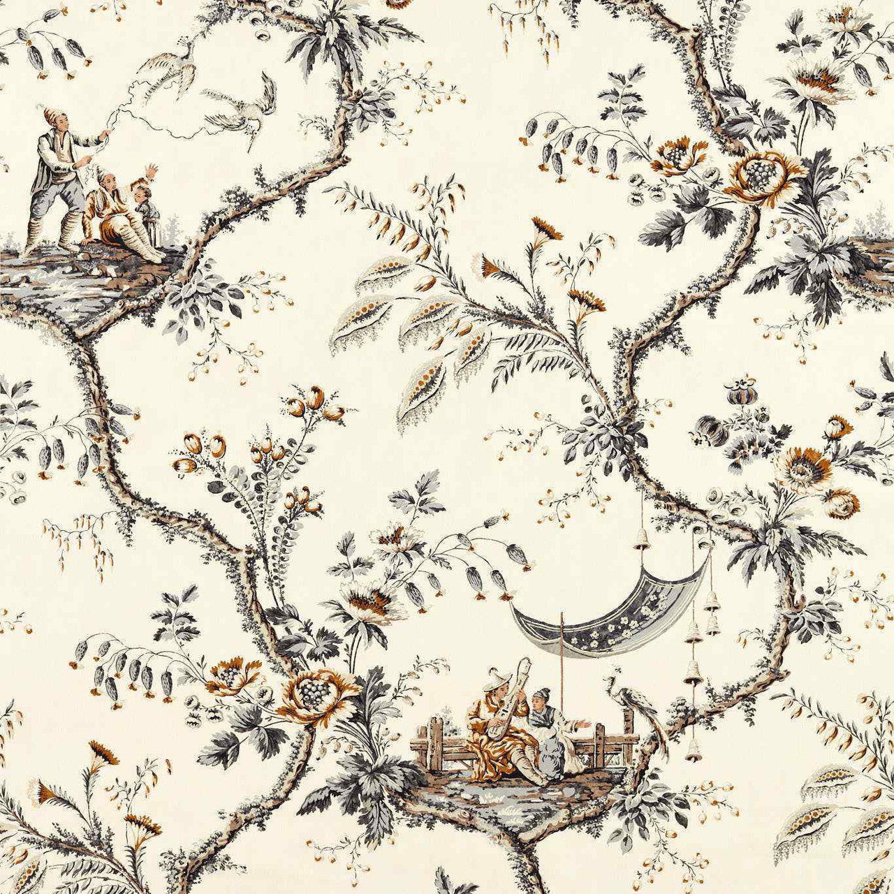 322753 Emperor's Musician Arcadian Thames Charcoal Fabric by Zoffany