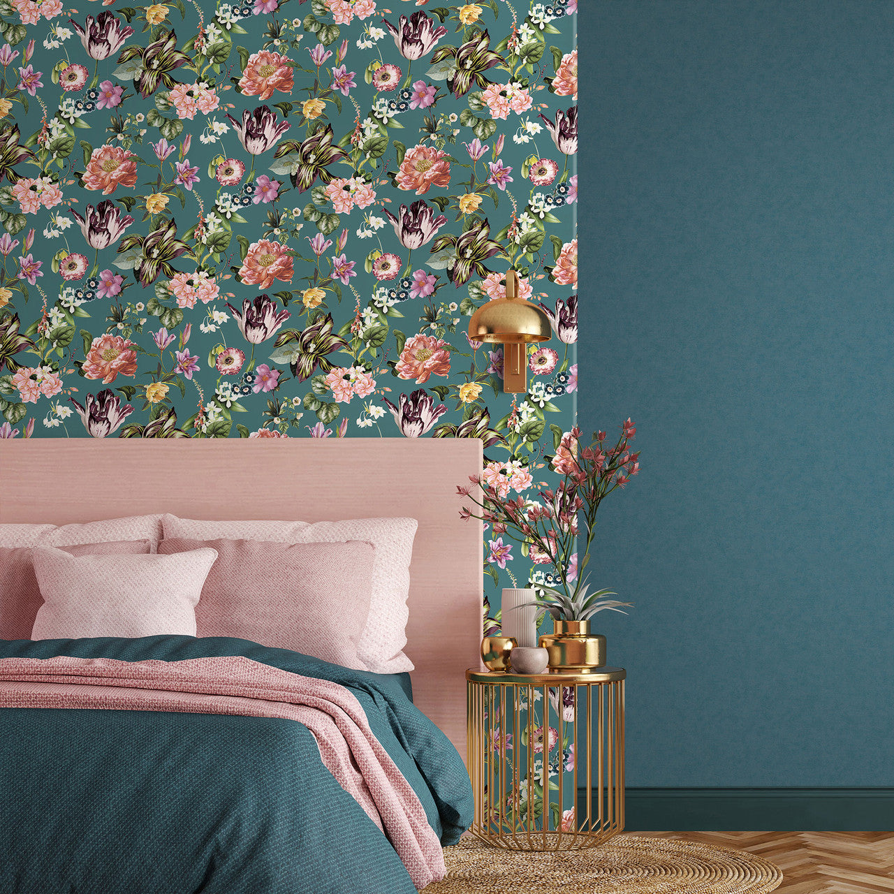 32413 Plain Texture Flora Blue and Green Wallpaper By Galerie