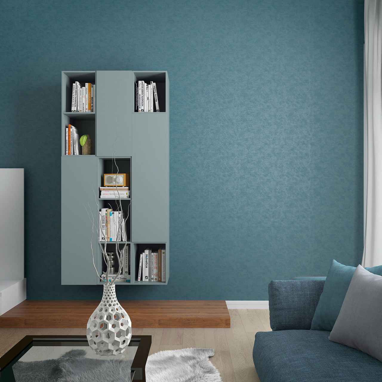 32413 Plain Texture Flora Blue and Green Wallpaper By Galerie