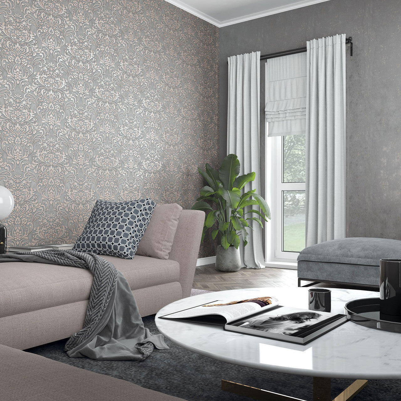 32604 Floral Damask The New Design Book Rose Gold and Grey Wallpaper By Galerie