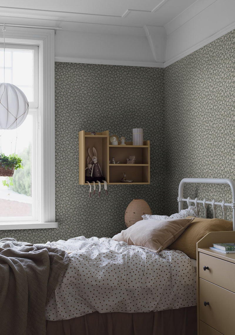 3268 Skogsblomst Green and Beige Wallpaper by Boråstapeter