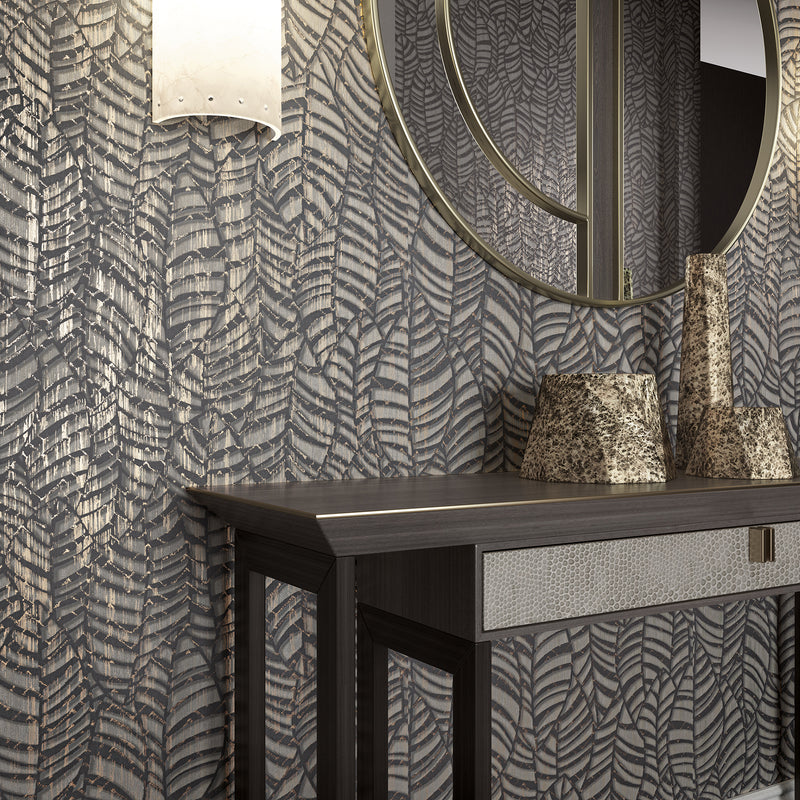 32975 Serene Leaves Black and Brown Wallpaper By Galerie