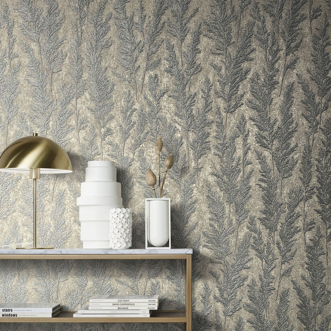 33209 Feathery Tree Natural Opulence Platinum Wallpaper By Galerie