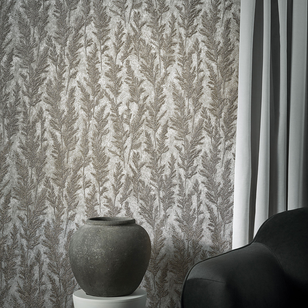 33212 Feathery Tree Natural Opulence Silver Wallpaper By Galerie