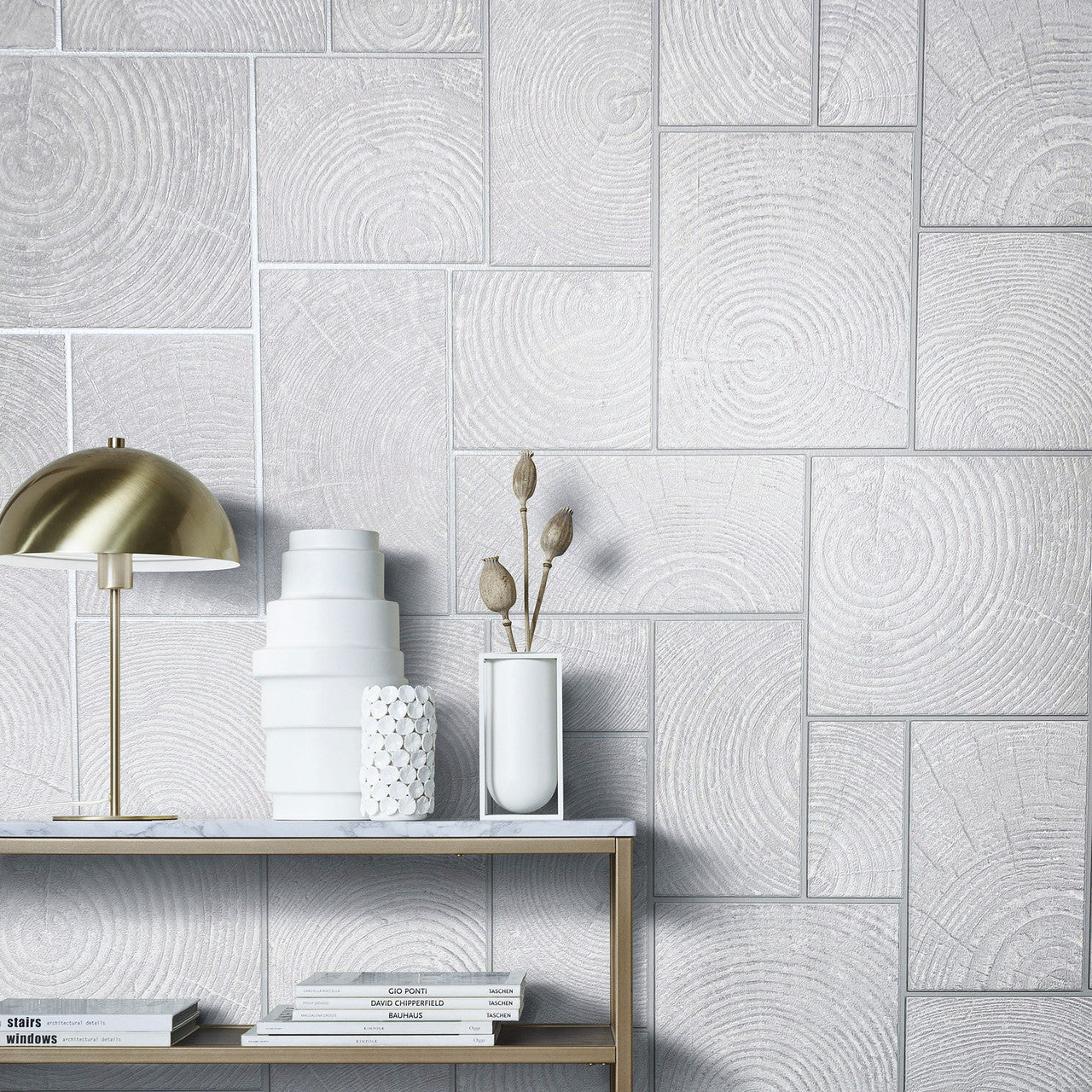 33226 Wood Block Natural Opulence White and Grey Wallpaper By Galerie