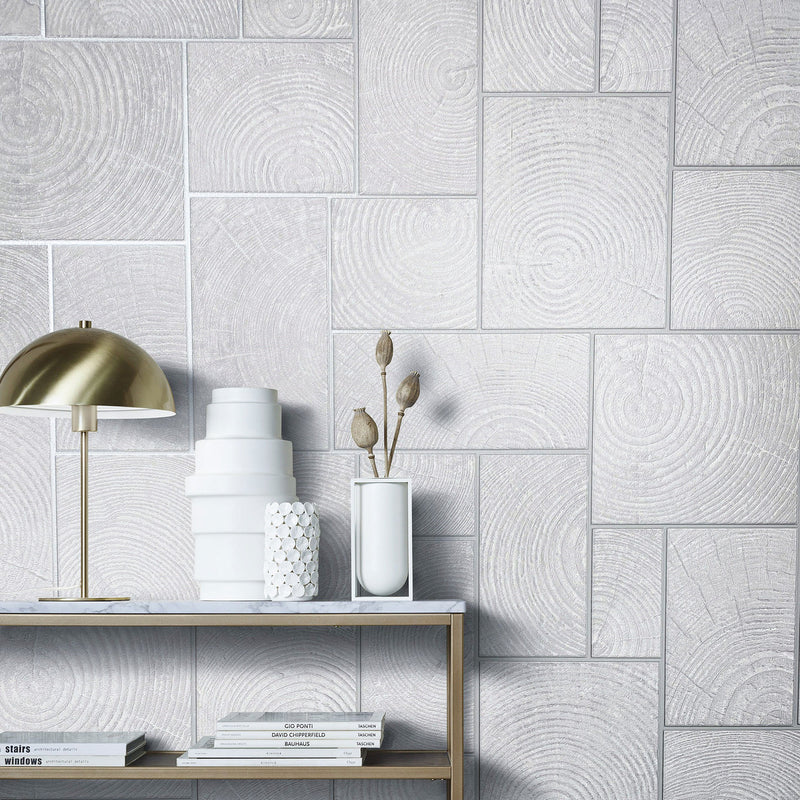 33226 Wood Block Natural Opulence White and Grey Wallpaper By Galerie