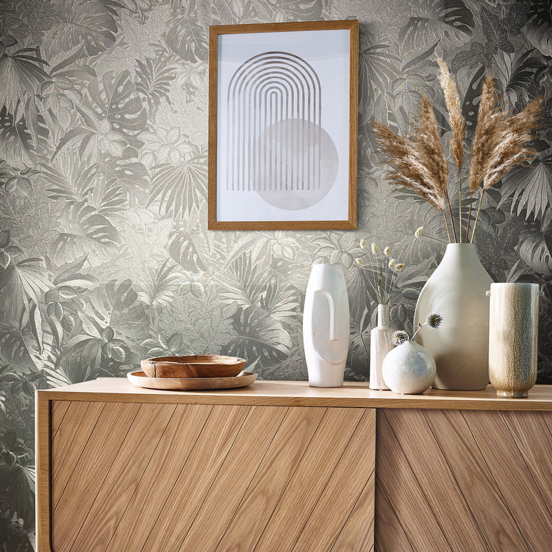 33302 Metallic Jungle Leaves The New Design Book Platinum Wallpaper By Galerie