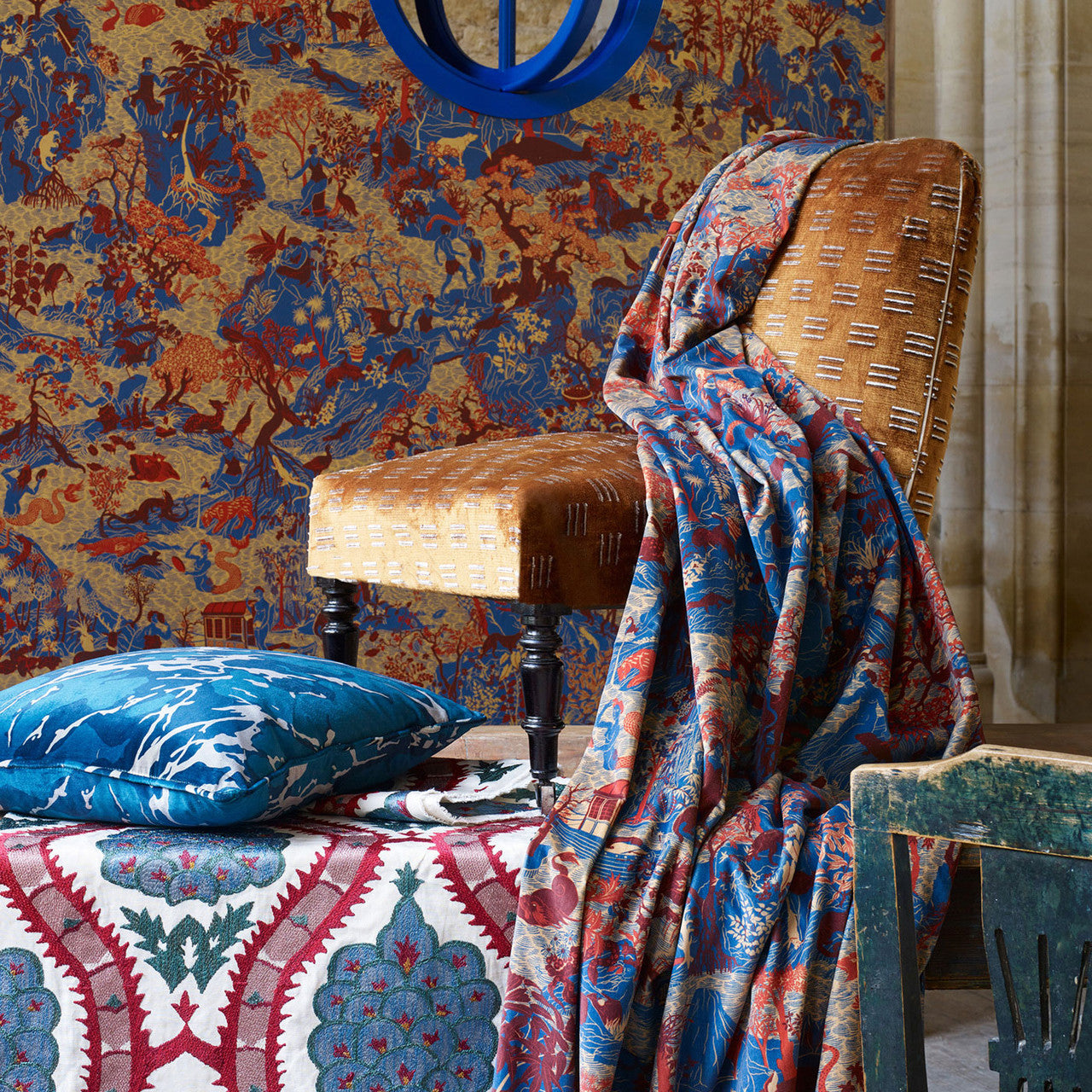 333294 Anar Trellis Cotswolds Manor Serpentine and Crimson Fabric by Zoffany