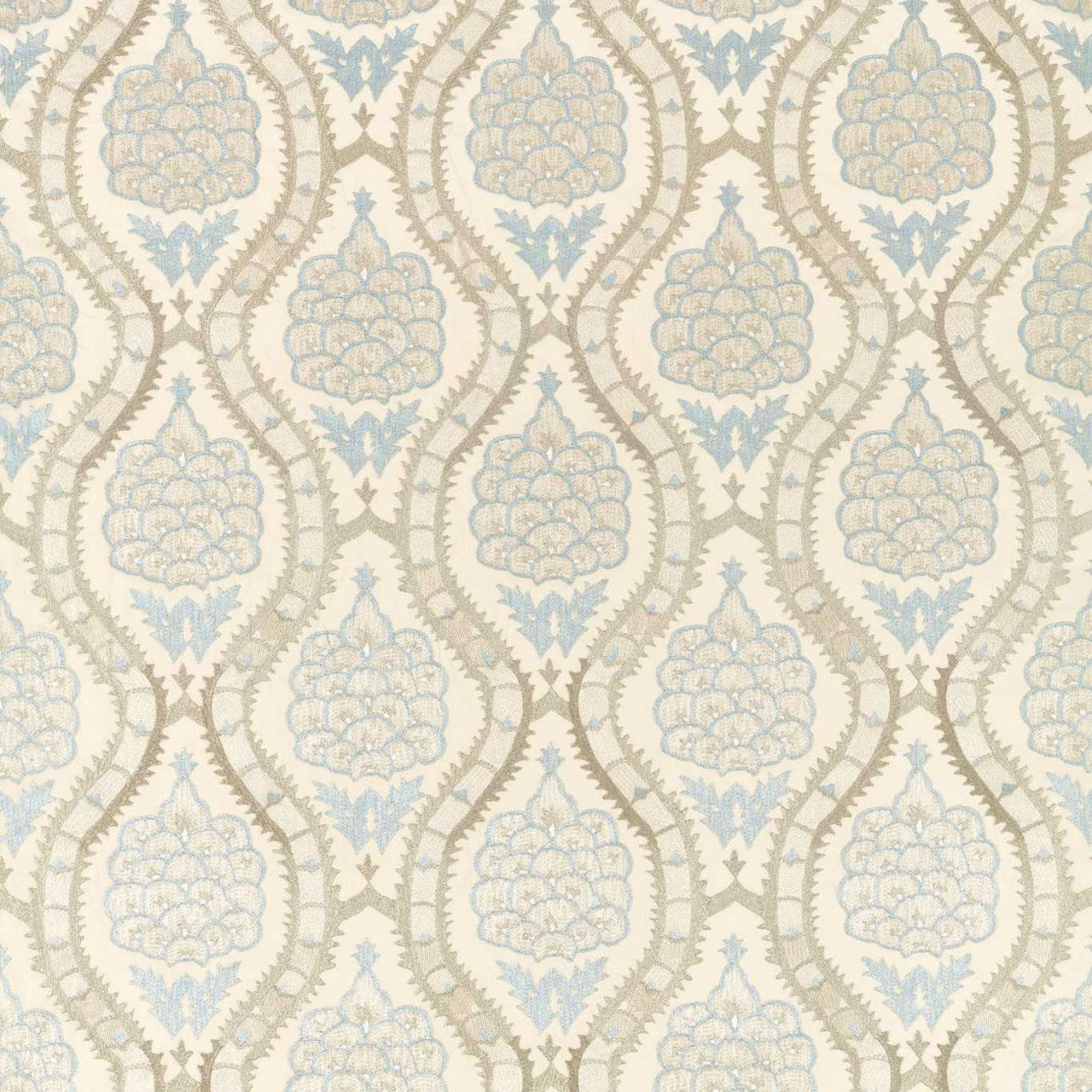 333295 Anar Trellis Cotswolds Manor Stockholm Blue and Platinum Grey Fabric by Zoffany