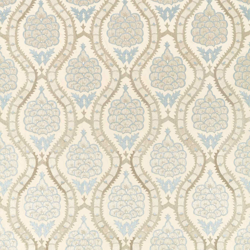 333295 Anar Trellis Cotswolds Manor Stockholm Blue and Platinum Grey Fabric by Zoffany
