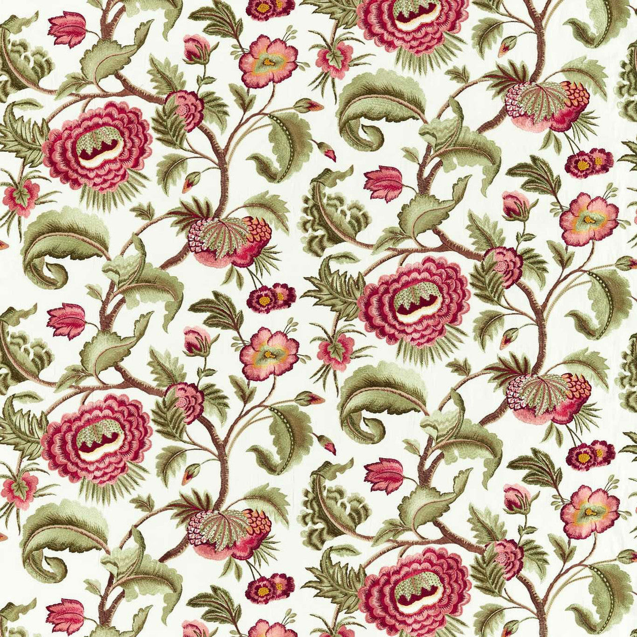 333298 Flame Stitch Tree Cotswolds Manor Evergreen and Tuscan Pink Fabric by Zoffany