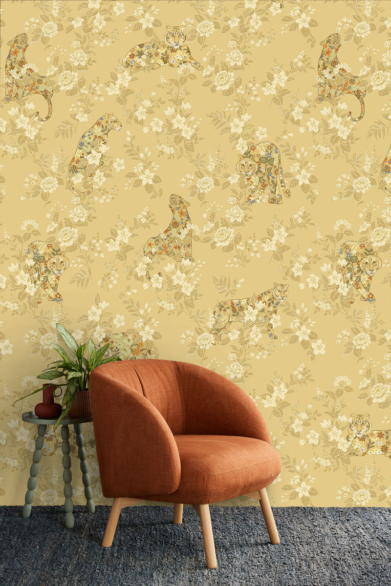 333550 Floral Felines Ochre Festival Mural by Eijffinger