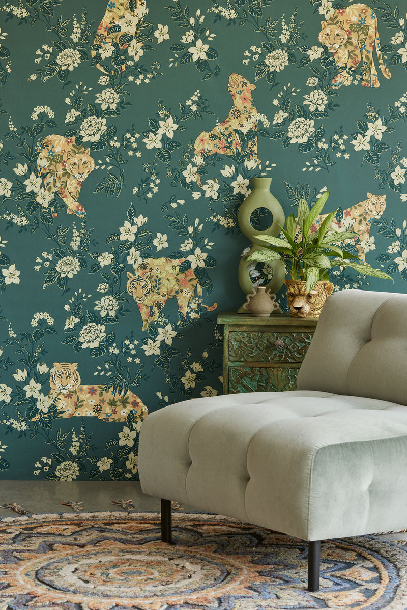 333553 Floral Felines Green Festival Mural by Eijffinger