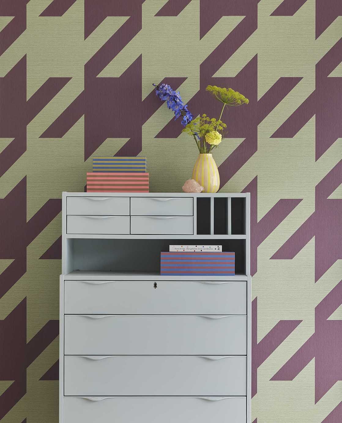 333672 Houndstooth Burgundy Pistache Mural by Eijffinger