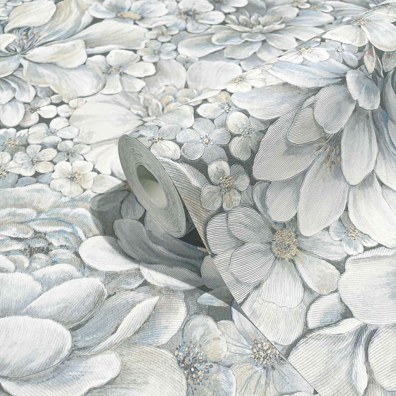 33953 Floral Texture The New Design Book Blue and Grey Wallpaper By Galerie