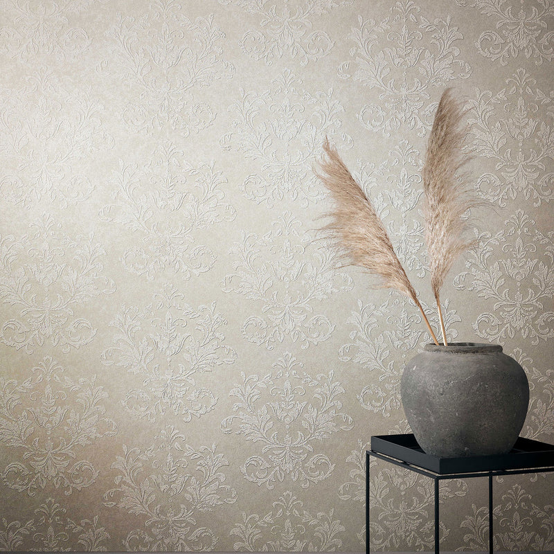 34011 Damask The New Design Book Beige and White Wallpaper By Galerie