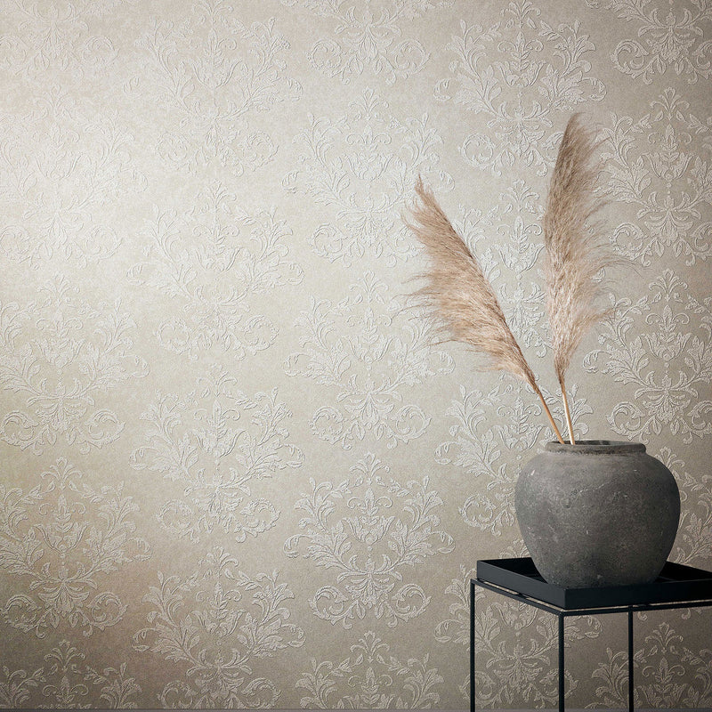 34011 Damask The New Design Book Beige and White Wallpaper By Galerie