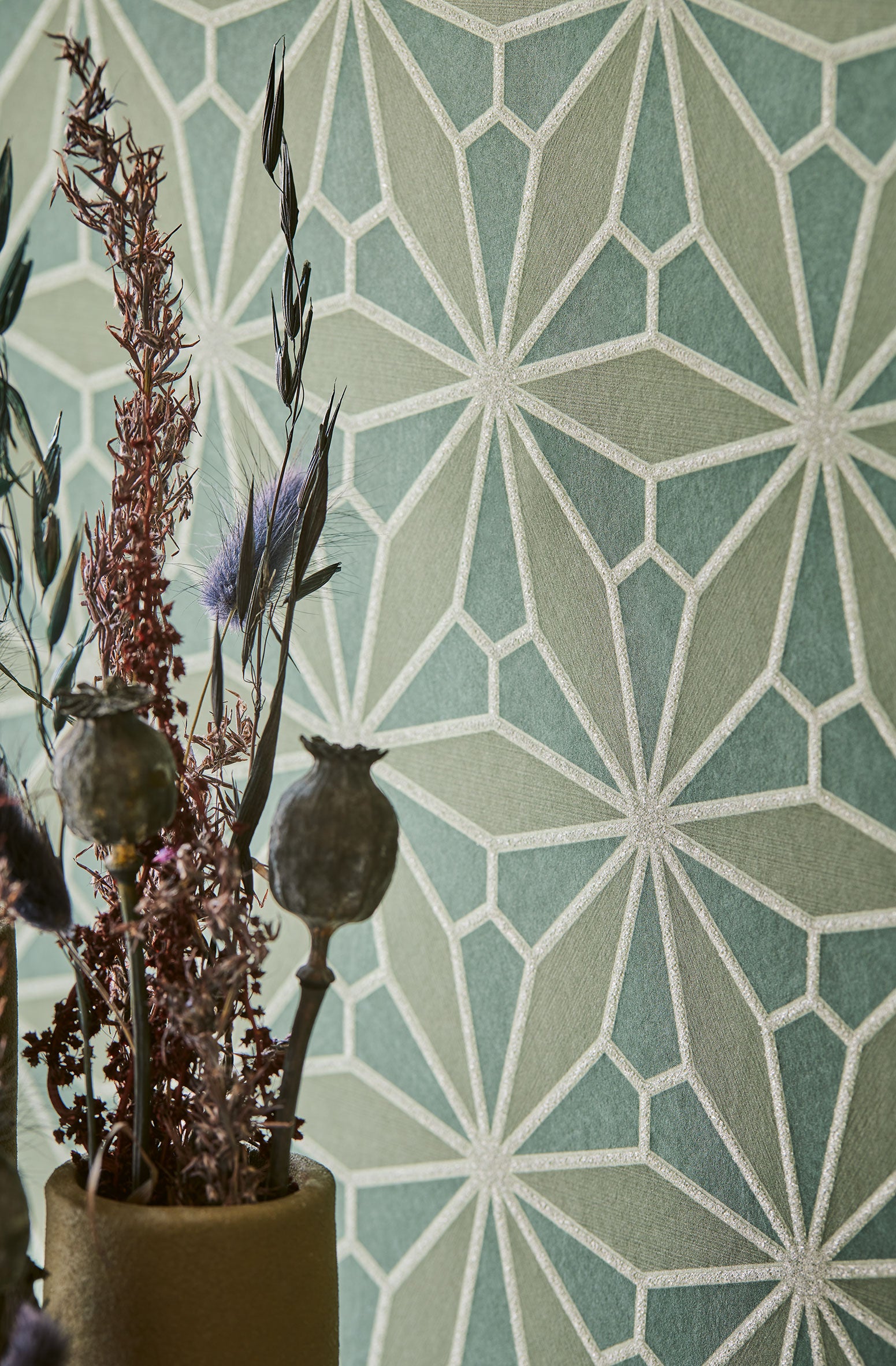 340145 Geo Floral Green Gilded Wallpaper by Eijffinger