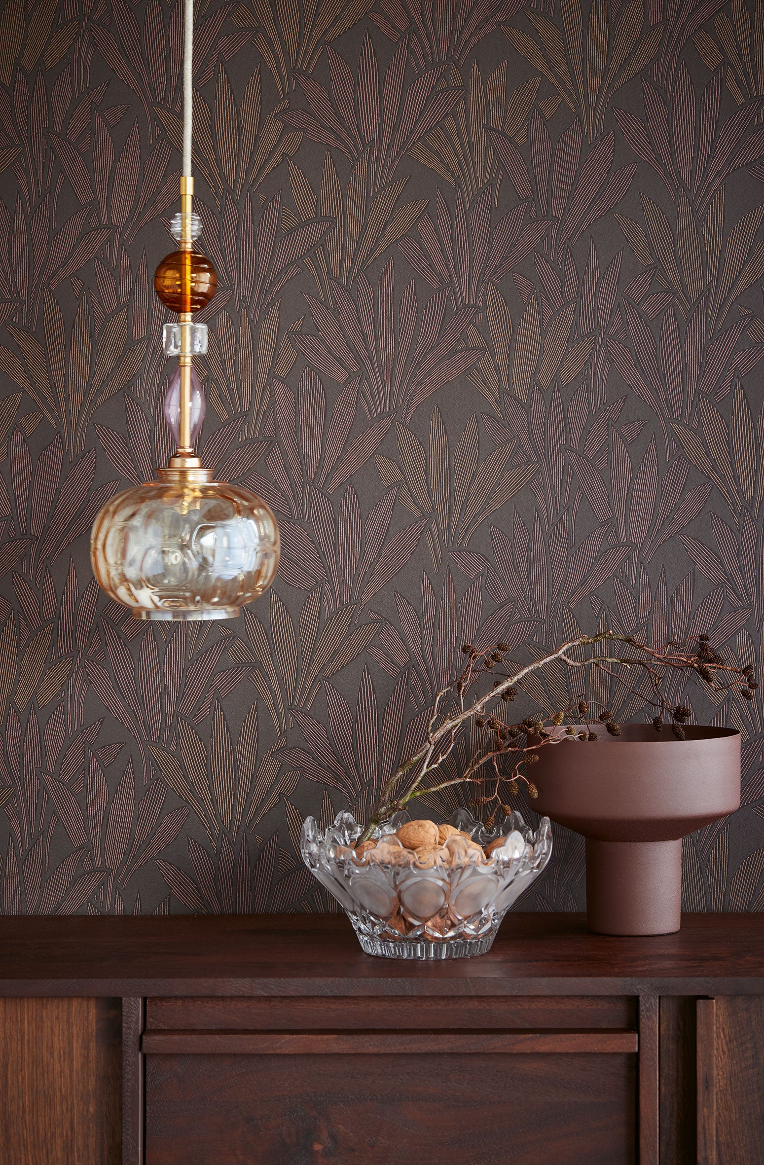 340155 Abstract Palm Red Brown Gilded Wallpaper by Eijffinger