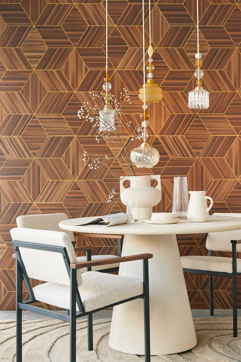 340181 Herringbone Geo Brown Taupe Gilded Mural by Eijffinger