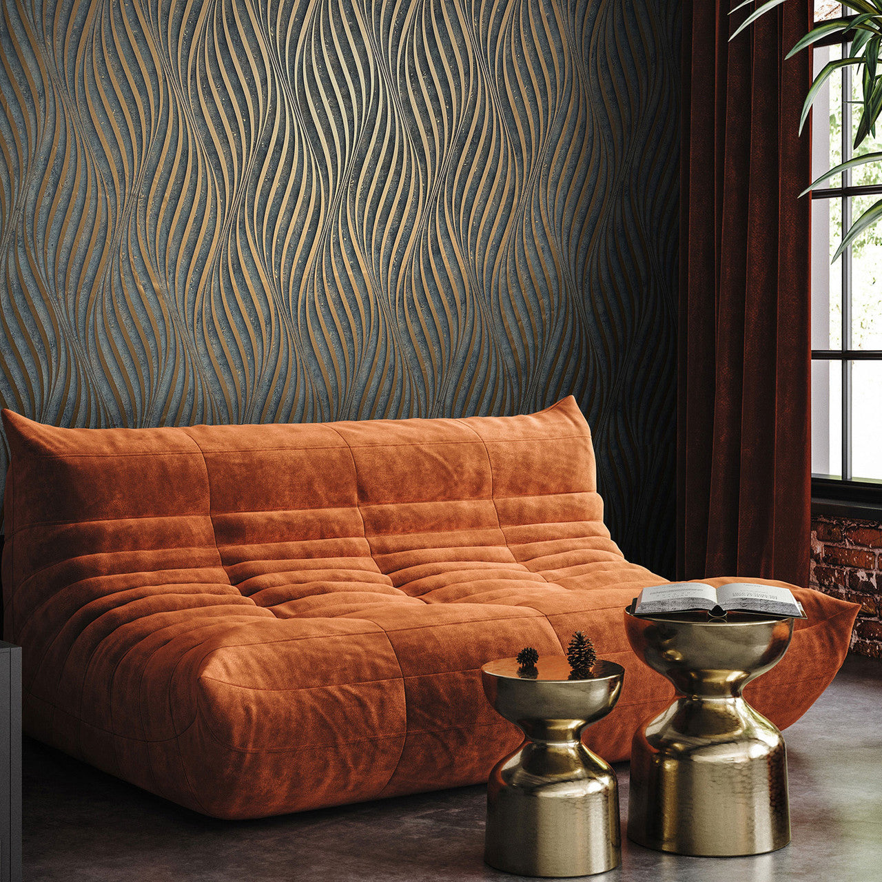 34263 Wave The New Design Book Black and Copper Wallpaper By Galerie
